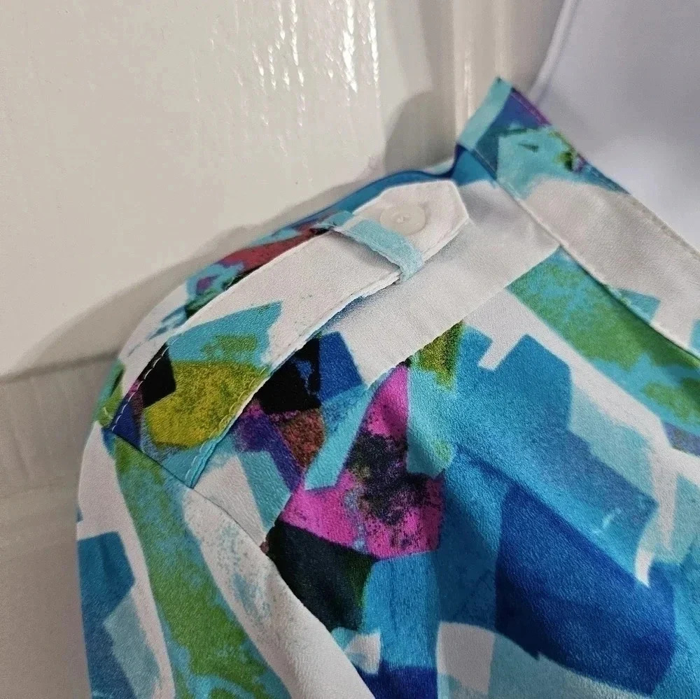 Calvin Klein Medium Abstract Blue White Green Button Down Blouse Office Top - Picture 5 of 7